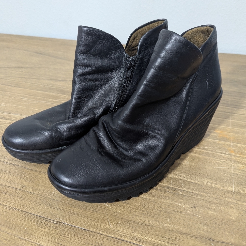 Fly London Black Leather Wedge Boots